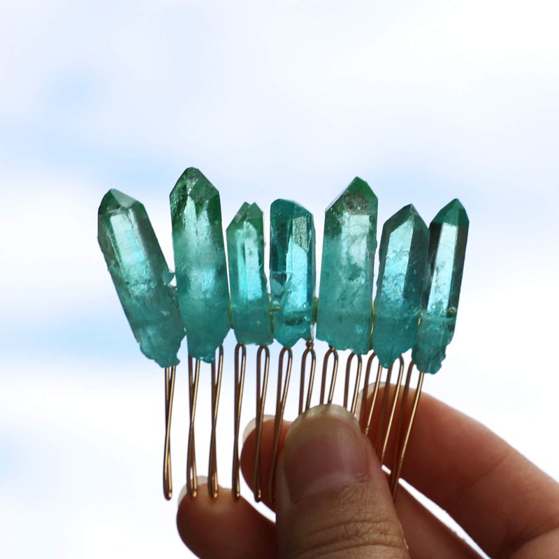 Handmade Natural Crystal Hair Comb Bridal Wedding Headwear Crystal Stone Hairpin Hair Clip Clamp Side Hair Combs for Women Hair Accessory (Green)